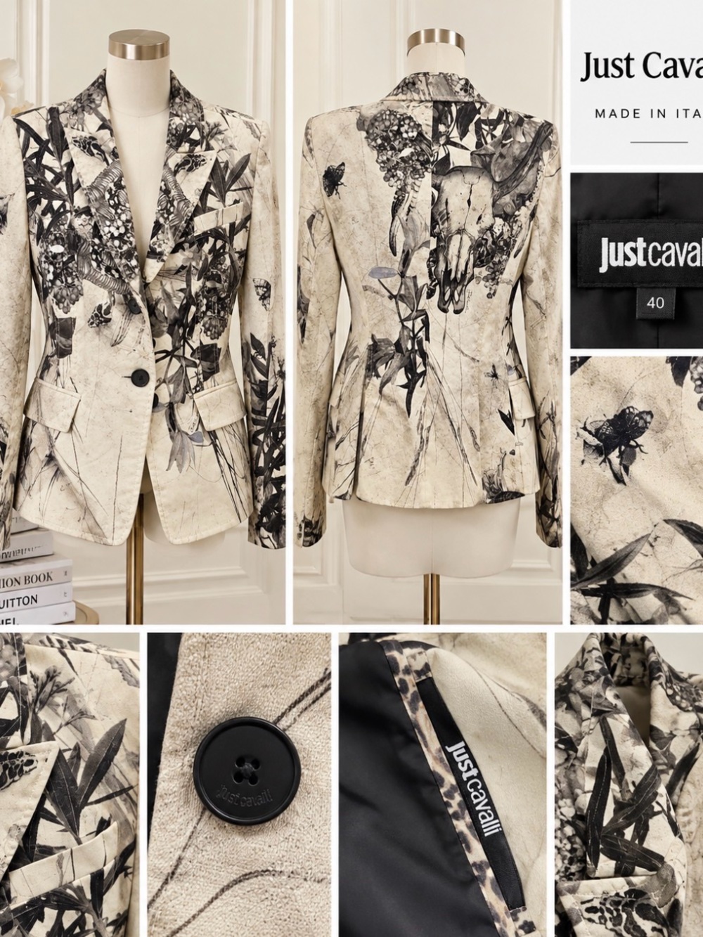 Just Cavalli Botanical Skull Print Tailored Blazer Cream Black EU 40